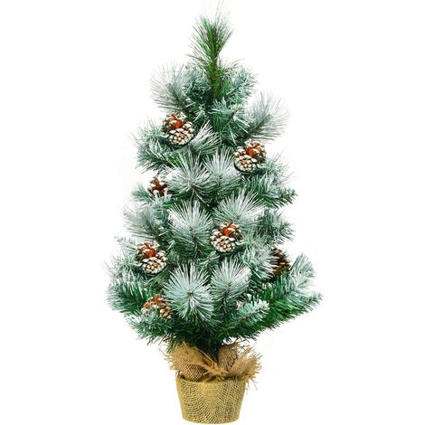 COSTWAY 2FT 60cm Christmas Tree, Small Artificial Xmas Trees with Pine Cones and Base, Holiday Decoration for Indoor Tabletop Garden Pathway (Green + White) (1/5)