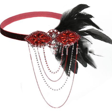 Headband Années 1920 - Bandeau Plume Noire Cristaux Décoratifs - Accessoire Cheveux Thème Great Gatsby - 1 Pièce (1/5)