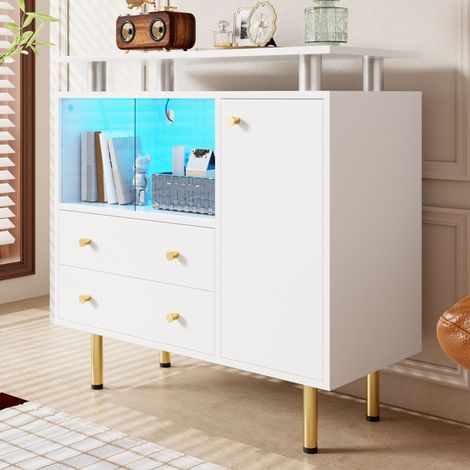 Meuble TV moderne LED avec 2 portes coulissantes en verre, 2 tiroirs et 1 placard, poignées et pieds en métal, idéal pour salon, entrée ou salle à manger. Dimensions : 80 x 35 x 80 cm. (1/5)