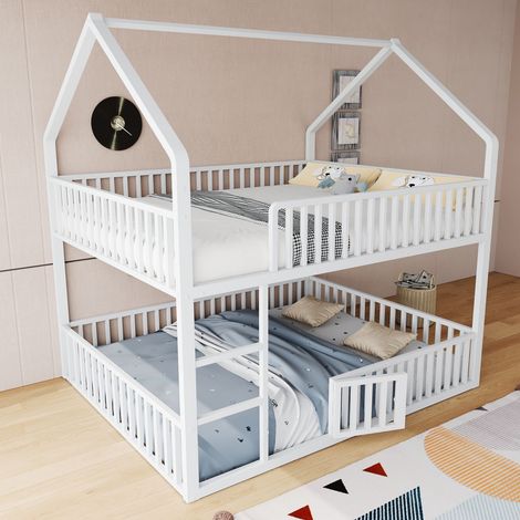 Lit superposé 140x200 cm en métal blanc avec escalier, design loft et petite porte pour lit inférieur (1/5)