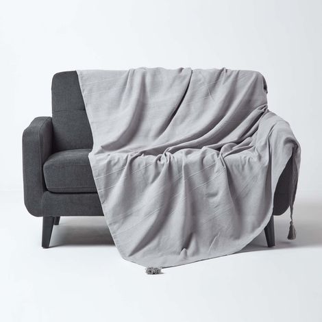 HOMESCAPES Cotton Rajput Ribbed Silver Grey Throw, 225 x 360 cm