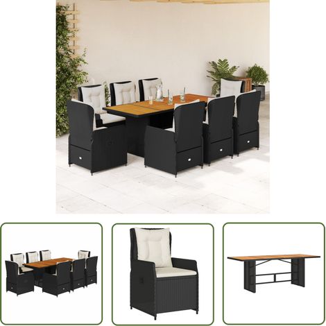 The Living Store 9-tlg. Garten-Essgruppe mit Kissen Schwarz Poly Rattan - Gartentisch - Esstisch - Gartenmöbel Set - Outdoor Möbel - Terrassenmöbel (1/5)