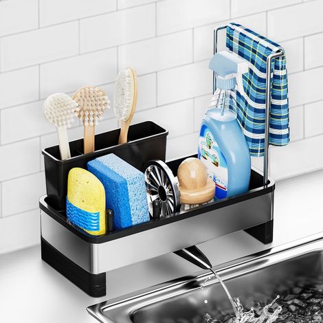 Organisateur d'évier, organiseur de cuisine, porte-éponge, rangement d'évier, égouttoir pour produits de nettoyage, organisateur de cuisine avec tuyau d'évacuation et porte-serviettes pour (1/5)