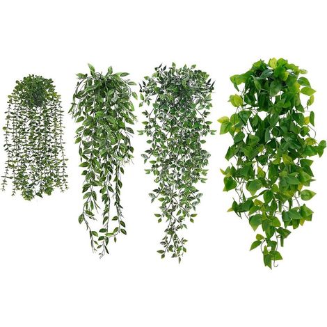 Lot de 4 Plante verte artificielle suspendue - Pots décoratifs pour murs, maison et salon, adaptées à l’intérieur et l’extérieur (1/5)