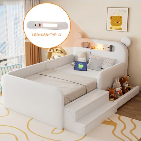MODFU – Cama infantil 90x200 cm de polipiel blanca con cabecero de oso y luz nocturna, puerto USB y almacenamiento, somier de láminas – Blanco (1/5)