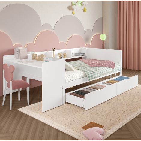 Bett Kiefernholz/Spanplatte Weiß 90x200 cm mit Schreibtisch, 2 Schubladen und Regalen (1/5)