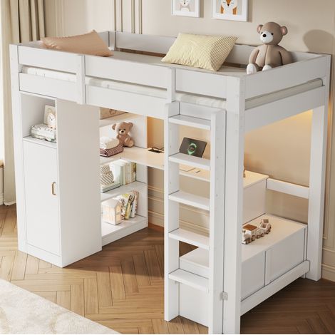 Letto a soppalco 90x200 cm in legno e MDF bianco con scrivania, salvaspazio - MEUBLIV (1/5)