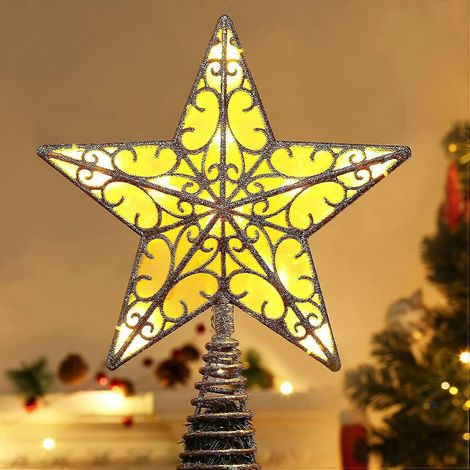 Weihnachtsbaumspitze in Sternform. 23 cm große, goldglitzernde LED-Baumspitze im Vintage-Stil für die Dekoration von Zuhause und Partys. (1/5)