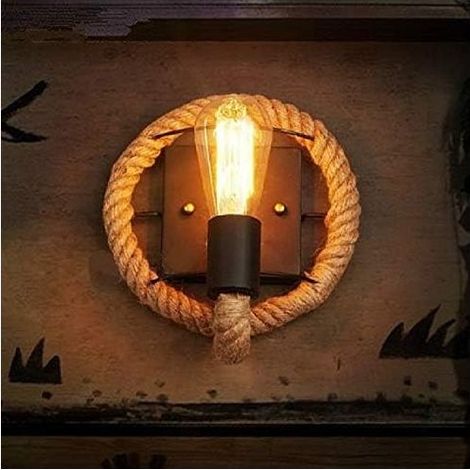 Applique,applique murale led, Vintage corde de chanvre Edison Ampoule en fer forgé Applique sans ampoule, lampe murale (Color : Round) (1/5)