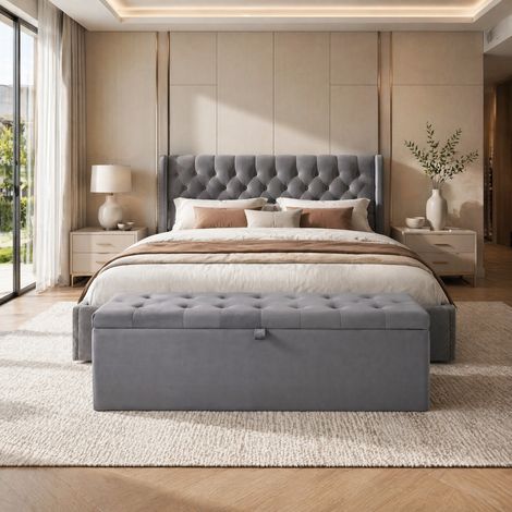 Banc de rangement 138 cm en velours gris HAVRYA (1/5)