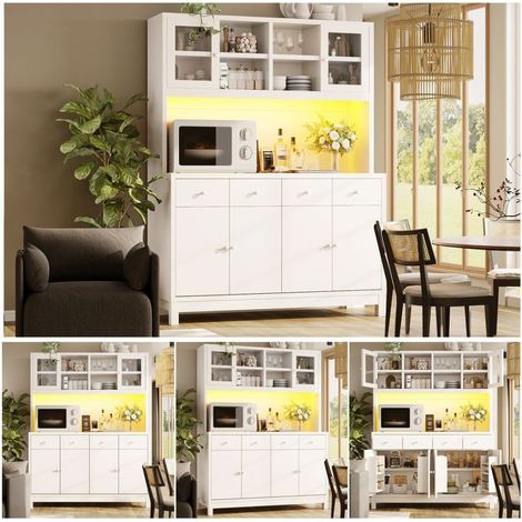 Buffet 140 x 38 x 180 cm portes vitrées 4 tiroirs étagères réglables éclairage RGB piloté par application charge maximale 100 kg (1/5)
