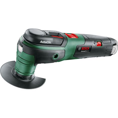 Outil multifonction sans fil Bosch UniversalMulti 12 (sans batterie, système 12 volts, pour accessoires Starlock, jeu de papier de verre 6 pièces, 4 accessoires)