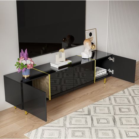 Mobile TV 170x35x46 cm nero lucido in MDF con 4 ante e chiusura ammortizzata (1/5)
