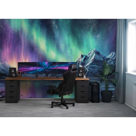 Fototapete Polarlicht Berge, für Wohnzimmer und Schlafzimmer, 150 x 105 cm – Komplettset inkl. Kleister & Anleitung (1/5)