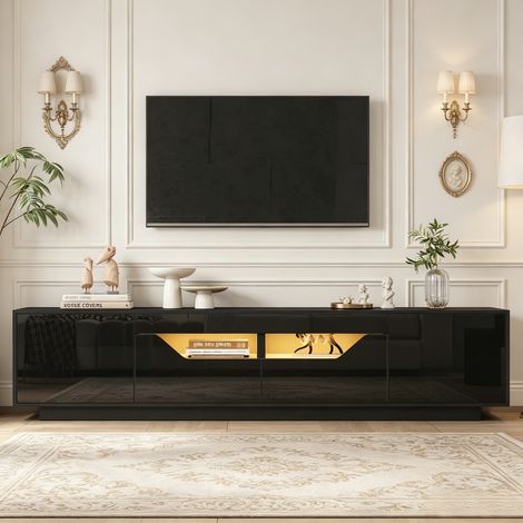 Meuble TV bas 180x40x45 cm pour TV jusqu’à 75 pouces, LED via application, 2 tiroirs, 2 portes push-to-open, façade brillante, noir brillant (1/5)