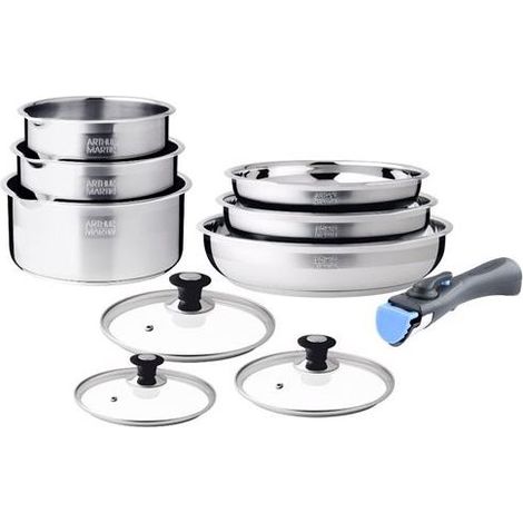 Arthur Martin – Batterie de cuisine inox 10 pièces – 3 poêles 20/22/26 cm – 3 casseroles 16/18/20 cm – Poignée amovible – Compatible tous feux et four