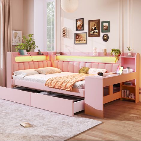 Lit banquette rembourré 140x200 cm rose avec tête de lit, LED, USB, bureau intégré et 2 tiroirs (1/5)