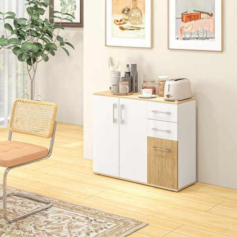 Credenza da cucina con 2 cassetti, 2 ante e ripiani regolabili per sala da pranzo, 90x30x75,5 cm, bianco e naturale