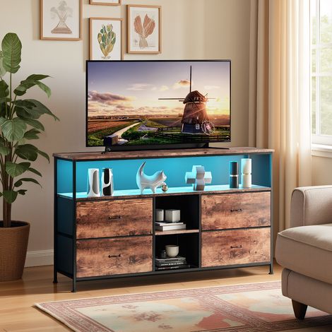 TV-Schrank mit LED, Fernsehschrank mit 4 Schubladens und 3 offenen Fächern, modern TV - Table mit integriertes Kabelmanagement, für TVs bis 65 Zoll, Vintage-Braun, 137 x 29.8 x 57 cm (1/5)