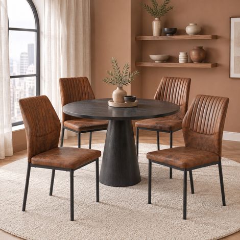 MODFU – Lot 4 chaises salle à manger tissu/métal – Dossier lignes verticales – Mousse 5 cm et 120 kg – Salle à manger – Marron/noir (1/5)