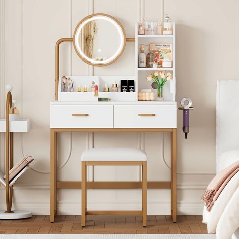 Coiffeuse en panneau de particules blanc et doré avec miroir LED, prises USB et 2 tiroirs (1/5)