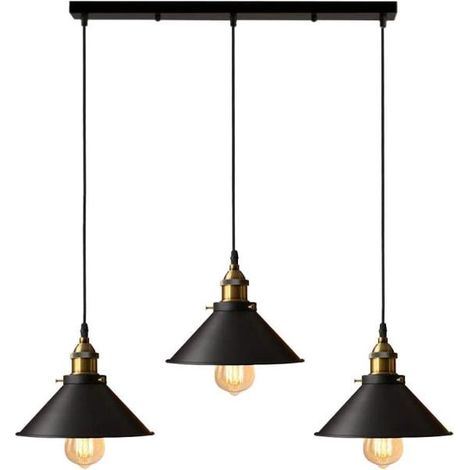 Suspension à 3 lumières, style industriel, lustre Edison en métal avec tige de support de 50 cm, Ø 22 cm, noir (1/2)