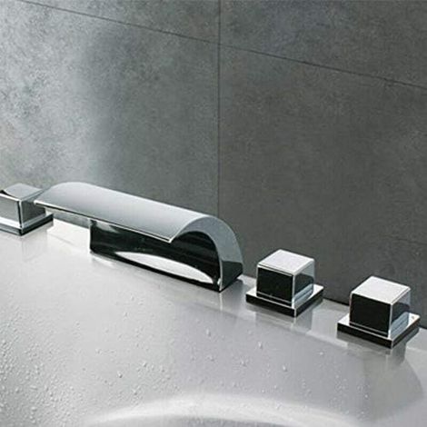 Duschsystem Wannenbatterie, 5 Loch Set Badewannenarmatur Handbrausearmatur Wasserfall Badewanne Wasserhahn Edelstahl Modern Armatur für Bad Badezimmer, Silber