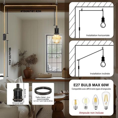 Hanfseil-Kronleuchter mit Stecker, 500 cm Kabel, E27-Fassung, Pendelleuchte mit Stecker und Schalter, Hanfseil-Hängeleuchte, geeignet für DIY-Lampenschirme im Innenbereich, Schwarz [Energieklasse