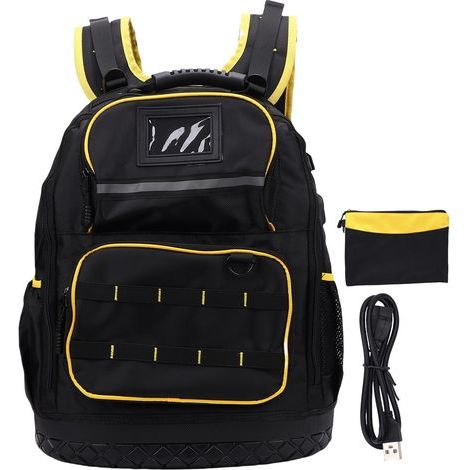 Werkzeugrucksack mit mehreren Taschen, gepolstertem Laptopfach, aus Oxford-Gewebe, festem Boden und USB-C-Kabeltasche. (1/5)