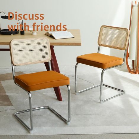 2er-Set Esszimmerstühle – Breuer-Design – 53 x 46,4 x 84,6 cm – Rückenlehne aus Rattan und verchromte Beine – orangefarbener Samt