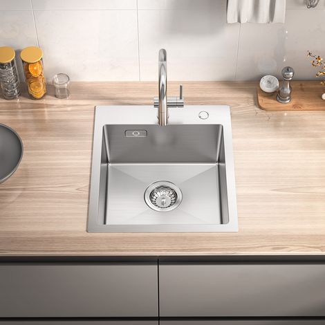 CECIPA Einzelbecken-Küchenspüle 40 x 45 x 19 cm – Spüle aus gebürstetem Edelstahl, 1 Becken mit Siphon und Überlauf – Einbau- oder flächenbündig montierte Küchenspüle