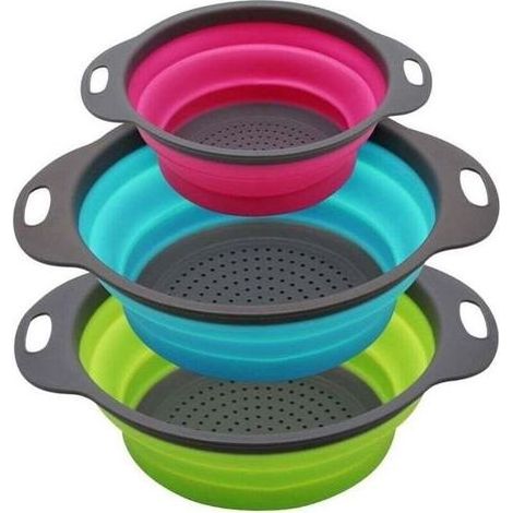 Juego de 3 coladores plegables redondos de silicona - 2 x 4 cuartos y 1 x 2 cuartos - Perfecto para escurrir pasta, verduras y frutas (verde, azul, morado) (1/4)