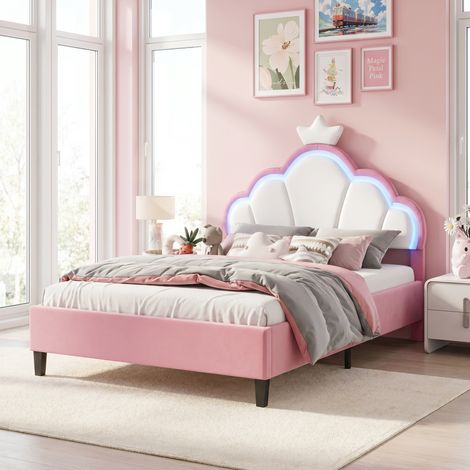 VASIEN – Lit princesse 140x190 – Lit fille 140x190 cm avec sommier– Tête de lit avec LED réglables – Velours Rose –Design Forme Couronne pour Enfants et Adolescents (1/5)