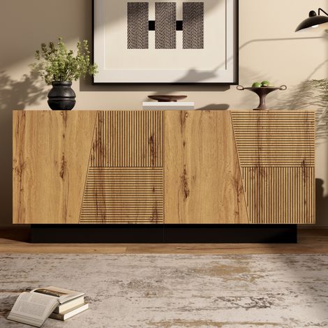 Buffet bas 160 cm, grand meuble de rangement pour salon et salle à manger, bahut enfilade avec étagère réglable et design géométrique, Noir et Bois (1/5)