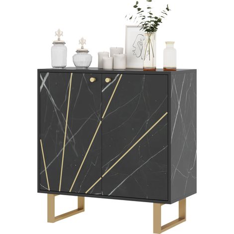 Sideboard mit zwei Türen, verstellbarem Einlegeboden und Metallbeinen, 76 x 35 x 77 cm, schwarze Marmorplatte