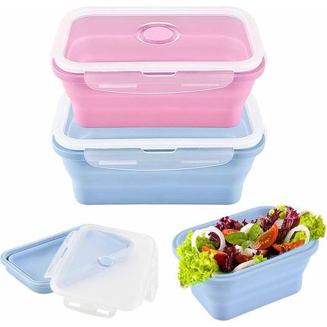 Recipiente plegable de silicona, 2 unidades, reutilizable, hermético, apto para picnics, camping y oficina (azul y rosa) (1/5)