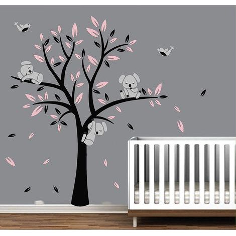 Koala Arbre Enfant Arbres en pépinière mur autocollants pour bébé mignon oiseaux koalas mur art Décoration de Chambre Bébé (Black,Pink)- (1/5)