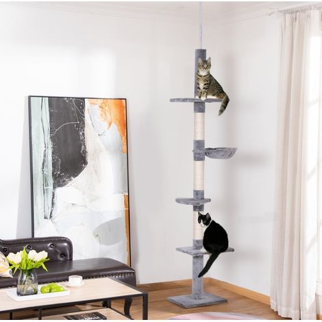 Verstellbarer Deckenkatzenbaum, 5 Ebenen, Sisal und Plüsch, grau, 40 x 34 x 230-260 cm HAVRYA (1/4)