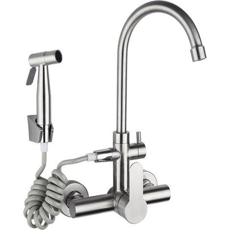 Robinet de cuisine mural multifonctionnel, acier inoxydable, douchette intégrée, double trou