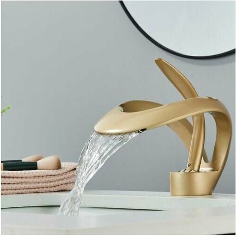 Gold Waterfall Brass Bathroom Faucet,Waterfall Basin Faucet,High-Arc Single Handle Bathroom Faucet With Adjustable Hot And Cold Single Handle Ceramic Valve,Waterfall Basin Faucet (1/5)
