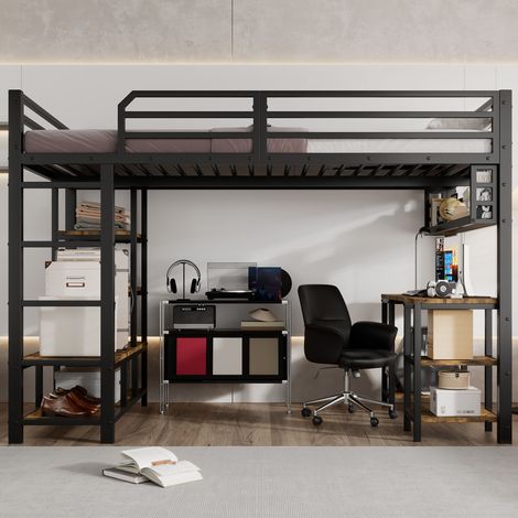 Lit mezzanine fer 120×200cm,bureau rangement,cadre lattes stable,échelle 4 marches,fer+particules noir+sombre (1/5)