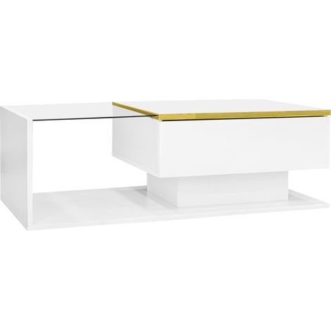 Hochglänzender weißer Couchtisch 100 cm mit Glasplatte und LED (1/5)