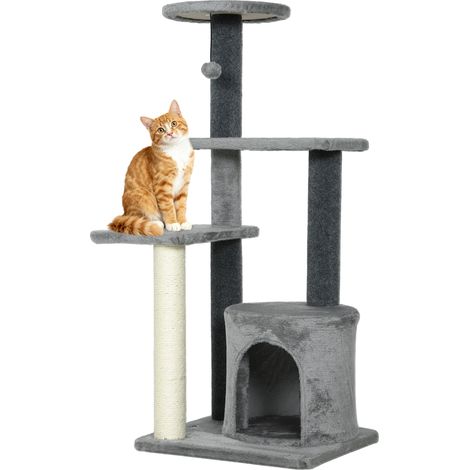 Arbre à chat hauteur - PawHut - platesformes, niche, balle, poteaux à griffer - panneaux de particules - 45x40x103cm - gris (1/5)