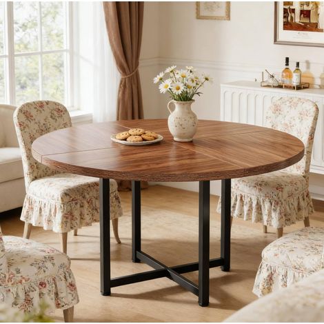 Mesa de comedor redonda 120 cm negro y marrón en metal y madera con estilo industrial (1/5)
