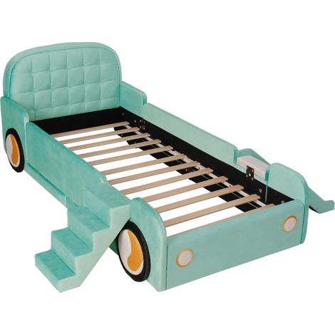 Lit enfant voiture avec toboggan et échelle 90 x 200 cm bleu vert MODENUIT (1/5)