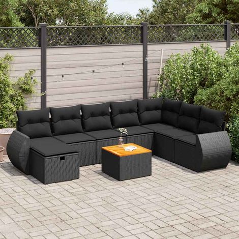 Set de sofás de jardín con cojines 9 pzas ratán sintético negro