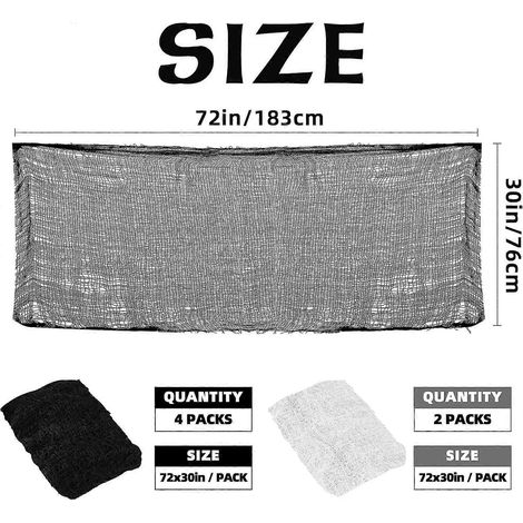 Set aus 6 gruseligen schwarzen Gaze-Dekorationen mit den Maßen 76 x 183 cm (4 schwarze + 2 weiße) für Halloween, ideal für Partys im Innen- und Außenbereich. (1/4)