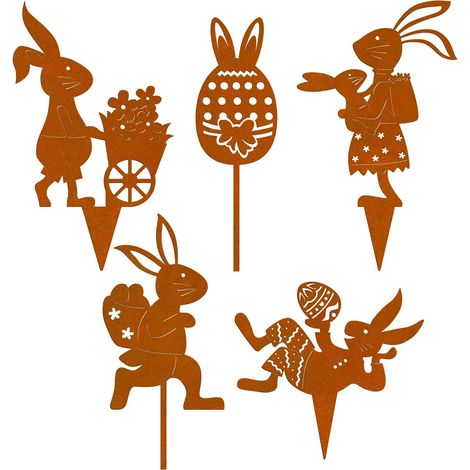 Lot de 5 Décorations Jardin Lapin Pâques, Métal Patiné, Piquet Fleurs, Extérieur Intérieur (1/5)