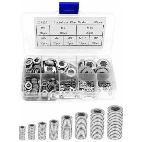 360PCS Rondelles Plates en 304 Acier Inoxydable Assortiment, Rondelles metal, Joint vidange, Rondelles gonds de porte, Rondelles assortiment de lave-mains (M2 M2.5 M3 M4 M5 M6 M8 M10) (1/5)