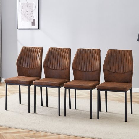 Lot de 4 chaises de salle à manger, dossier en tissu technique marron à motif vertical, pieds métal noir, design moderne et raffiné 42,5x41,4x93cm (1/5)